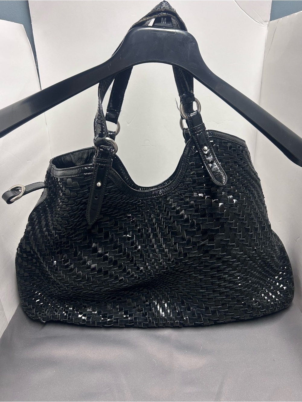 COLE HAAN Genevieve Woven Triangle Black Patent Leather Tote/Shoulder Bag